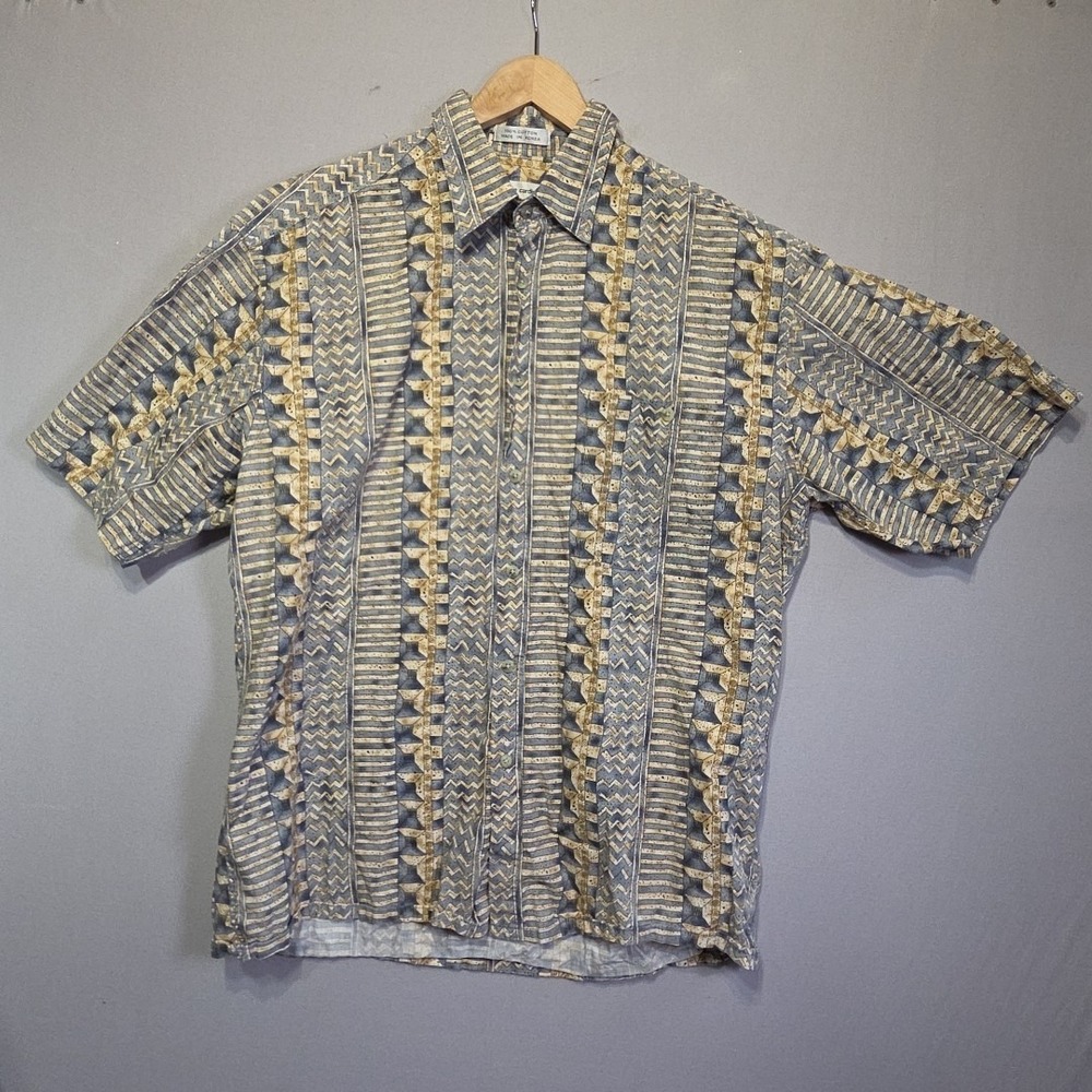 Vintage Pierre Cardin Button Front Shirt Mens Large Blue Beige Geometric 90s Mad